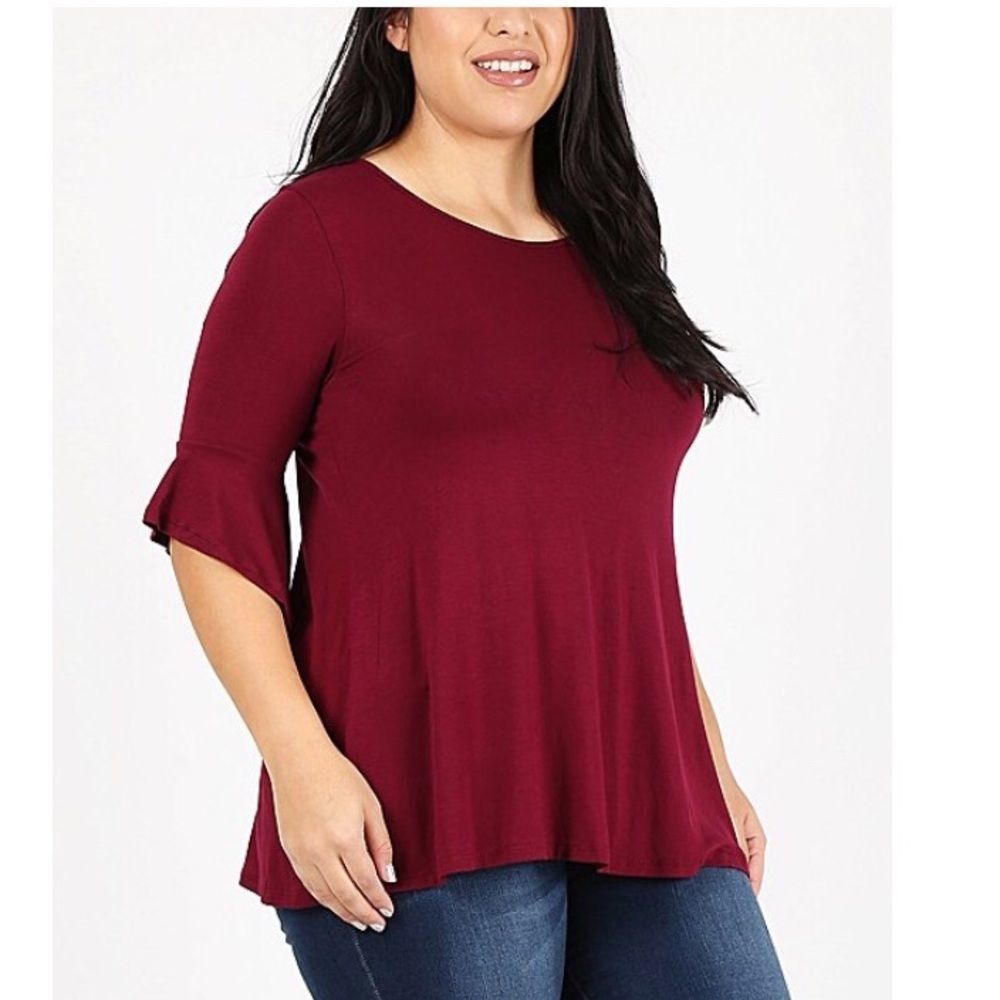 Women’s Plus Size Wine Red Elbow Length Flare Bell Sleeve Top Sz 1X